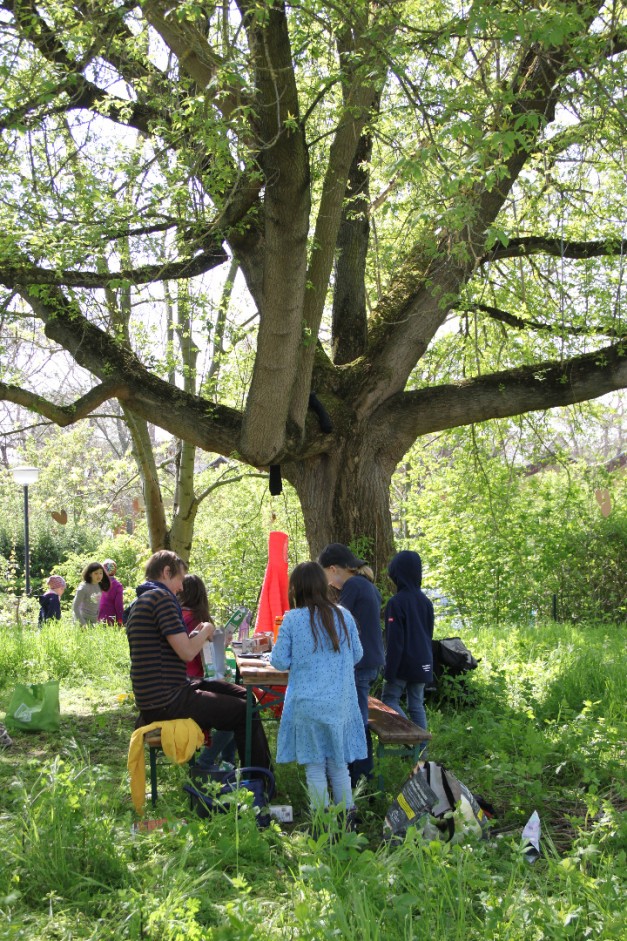 Kinder und ein Erwachsener stehen miteinander unter einem Baum. 