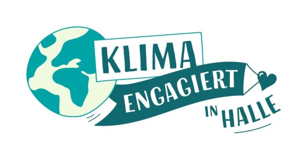 Logo für die neue Klimaplattform: eine Weltkugel ist zu sehen, davor der Schriftband "Klima engagiert in Halle"