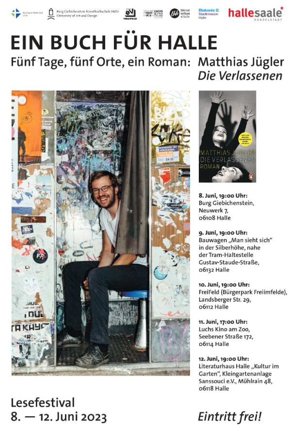 Werbeplakat für Lesefestival, Matthias Jügler sitzt in einem Fotoautomat, alle relevanten Daten stehen im Text